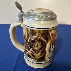 Vintage 1989 Budweiser Endangered Species ASIAN TIGER Beer Stein Mug Lidded 0.5L